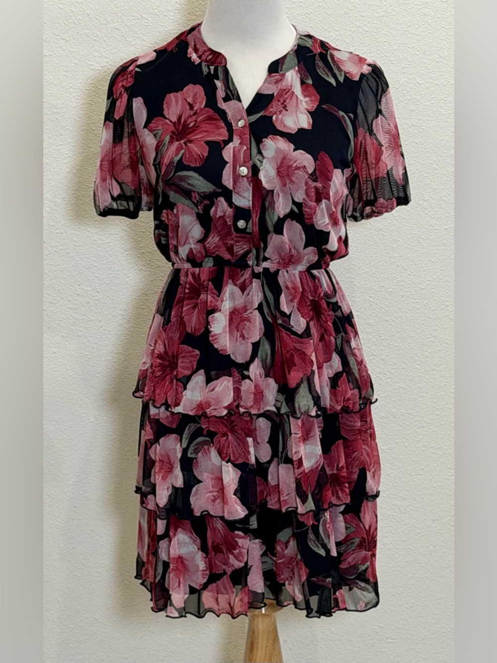 Kate and Lily Floral Tiered Chiffon Ruffle Dress Small‎ Button Cottagecore